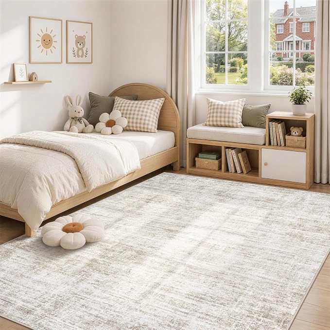 6x9 Area Rugs for Living Room Washable Rugs Neutral Abstract Large Rug Soft Modern Carpet Non-Slip Stain Resistant Low Pile Rug for Bedroom Dining Room Nursery Home Office Under Table Area Rug Brown