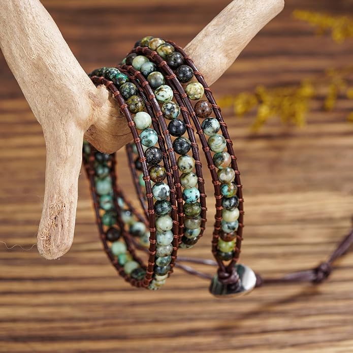 Plumiss Women Boho Handmade Natural Stone Crystal Leather Bead Wrap Bracelets Collection