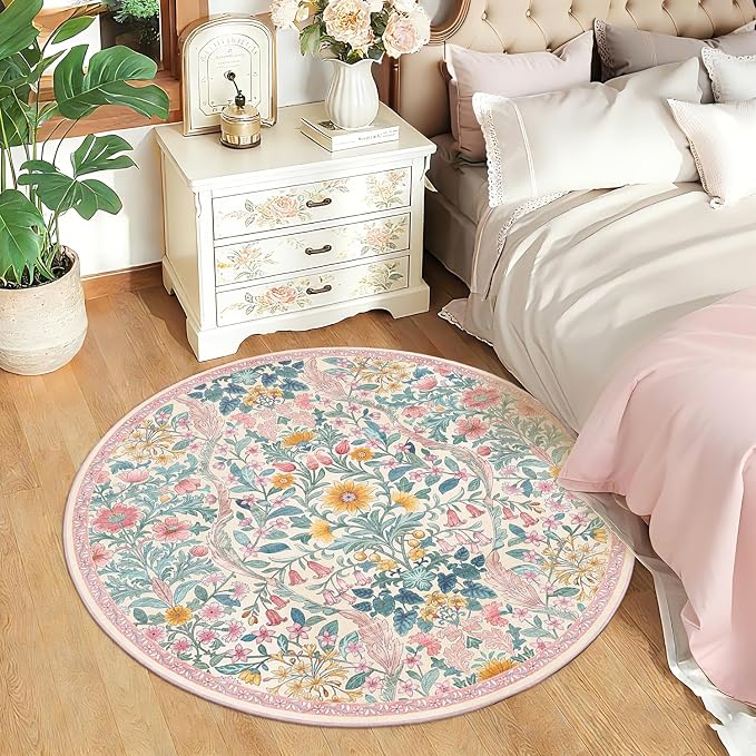 Round Rug 4ft Light Pink Washable Floral Circle Rug,Vintage Boho Botanical Round Area Rugs, Non-Slip Soft Low-Pile Circular Carpet for Girls Bedroom,Kids Room,College Dorm,Home Decor
