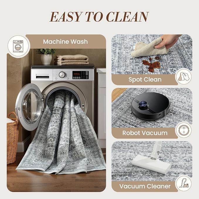 8x10 Washable Area Rugs for Living Room Bedroom, Non-Slip Large Rugs | Vintage Distressed Retro; Low Pile; Stain Resistant; Neutral Boho Carpet for Dining Room, Nursery, Home Office; Foggy Grey