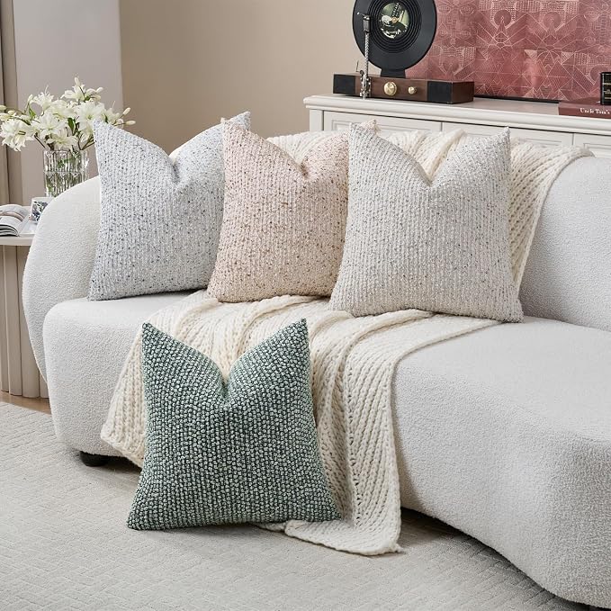 DEZENE Striped Throw Pillow Covers 22x22 Set of 2 Green Textured Boucle Chic Morden Boho Accent Farmhouse Square Decorative Couch Pillow Covers for Home Decor Bed Sofa Living Room