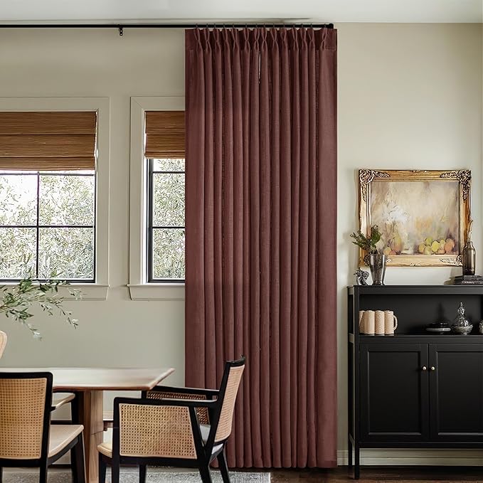 Chestnut Brown Thick Linen Pinch Pleated Curtains 120 Inches Long 2 Panels | Extra Long Drapes for Living Room Dining Bedroom, Pinch Pleat Drapes Back Tab, Dark Terracotta Rust Farmhouse Country 40x120
