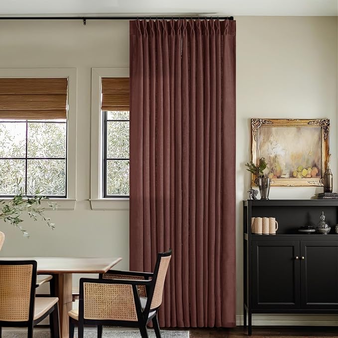 Maroon Pinch Pleated Linen Curtains 108 Inches Long for Living Room 2 Panels Set Flax Double Pleated Drapes Back Tab Farmhouse Ceiling Floor 108 Inch Window Curtains Bedroom Chestnut Reddish Brown