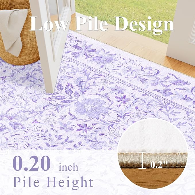DUKINO 2.6x8 Runner Rug, Washable Vintage Floral Kitchen Rug, Purple | Non Slip, Low Pile, Non-Shedding, Stain Resistant, Soft Throw Carpet Runner for Hallway Bathroom Laundry Entryway Farmhouse