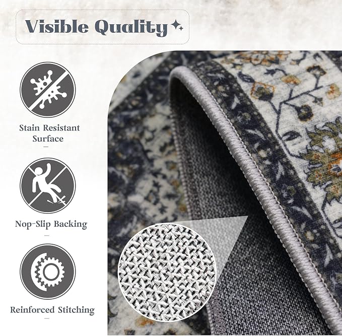 Area Rug 6x9 Washable Rug, Vintage Boho Medallion Rugs Non-Slip Soft Low Pile Large Distressed Rug Indoor Retro Carpet for Living Room Bedroom Dining Room Home Office (Vintage Black, 6'x9')
