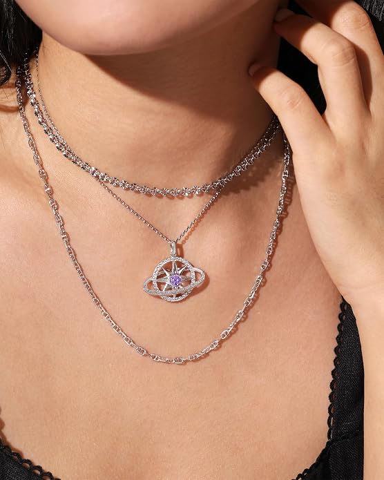 FANCIME Stellar Promise Birthstone Necklace for Women White Gold Plated Sterling Silver Planet Star Pendant Fine Jewelry Anniversary Birthday Mothers Day Gifts for Women Wife Friend Her
