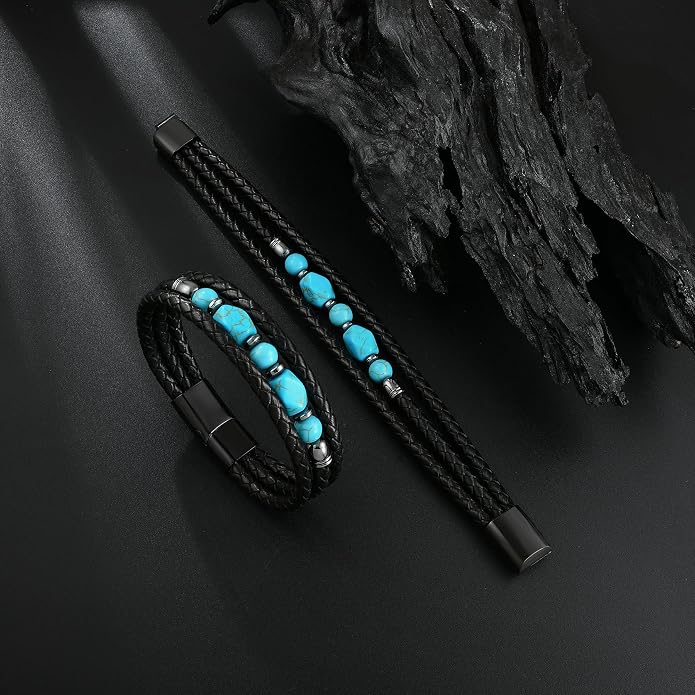 Mens Turquoise/Lapis Lazuli/Tiger Eye/Black Agate/Obsidian Leather Braided Bracelets for Father's Day/Birthdays/Graduation Jewelry Wristband Cuff Bracelet with Stainless Steel Clasp