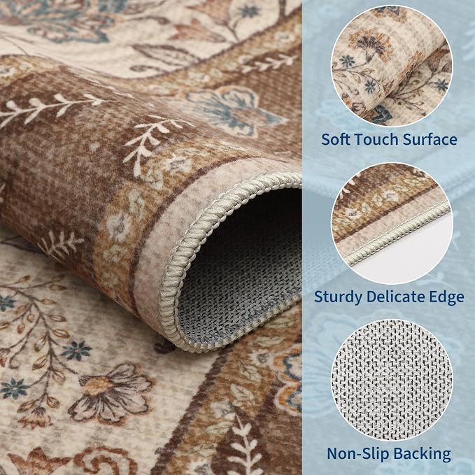 GarveeHome Area Rugs 8x10 for Living Room, Brown Large Washable Rug Botanical Soft Non Slip Floor Mat Carpet Indoor Thin Cottage core Rug for Bedroom Dining Room Playroom Nursery Home Decor