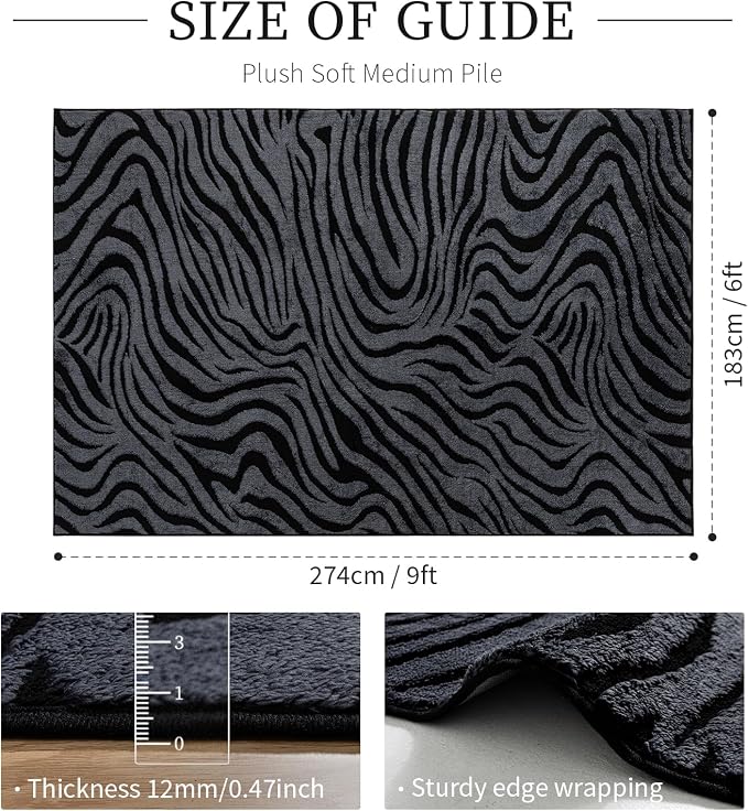 YIHOUSE 6×9 Ft Zebra Area Rugs Black and Grey: Washable Nonslip Plush Soft Rug for Living Room - High-Low Striped Carpet for Bedroom Dining Room Office Playroom Nursery Home Decor