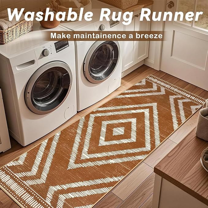 Boho Runner Rugs 2x6ft Non Slip, Brown Washable Rug with Rubber Backing, Soft Moroccan Farmhouse Kitchen Runner, Low Pile Geometric Floor Carpet for Hallway Bedroom Bathroom