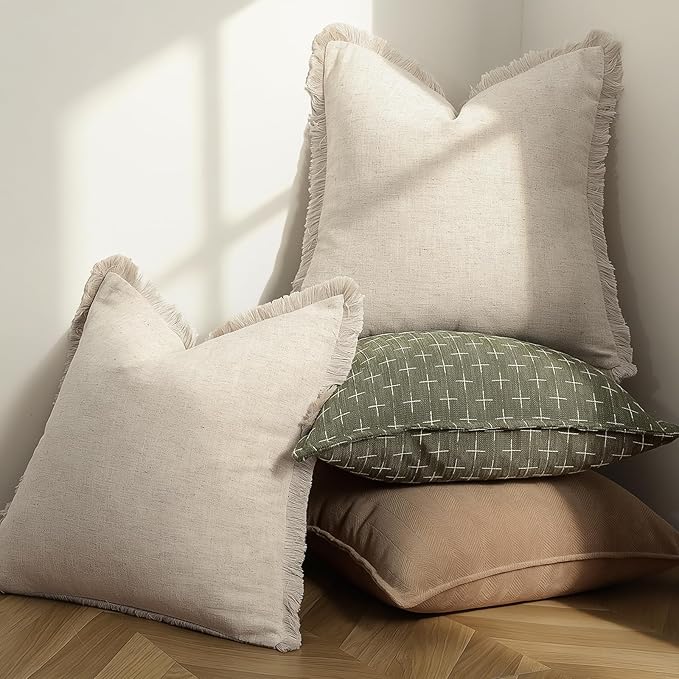 ZWJD Pillow Covers 16x16 Set of 2 Throw Pillow Covers with Fringe Chic Cotton Euro Shams Square Cushion Covers for Couch Sofa Bed Living Room Farmhouse Boho Decor, Natural Beige