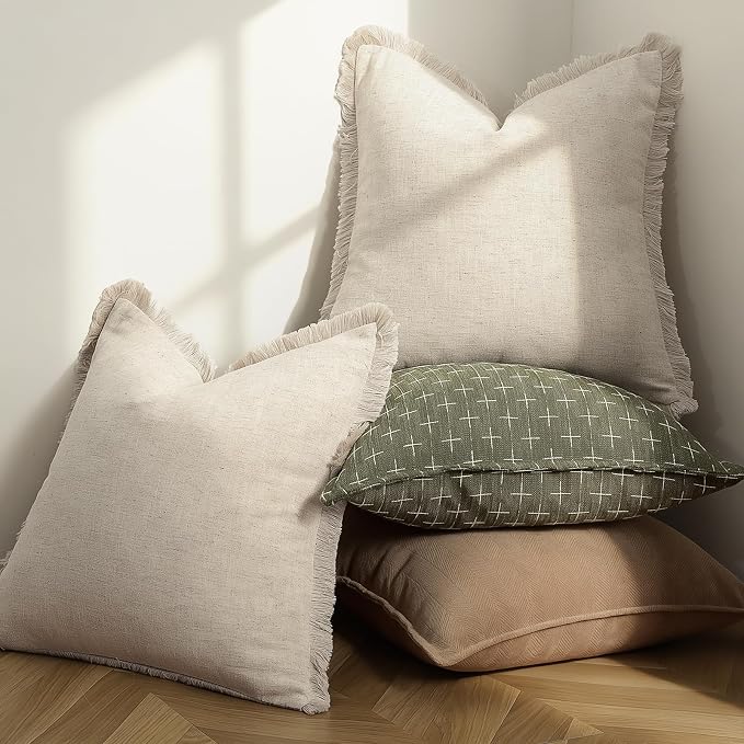 ZWJD Pillow Covers 24x24 Set of 2 Throw Pillow Covers with Fringe Chic Cotton Euro Shams Square Cushion Covers for Couch Sofa Bed Living Room Farmhouse Boho Decor, Natural Beige