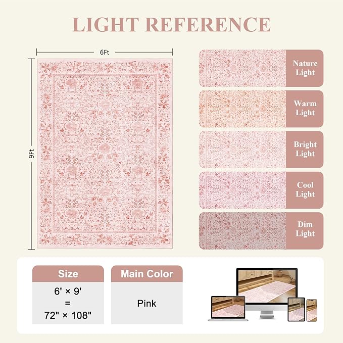 DUKINO 6x9 Area Rug, Vintage Floral Washable Rugs for Living Room, Pink | Non Slip, Low Pile, Non-Shedding, Soft Indoor Large Carpet for Bedroom, Office, Dining Room, Farmhouse, Nursery, Home Decor
