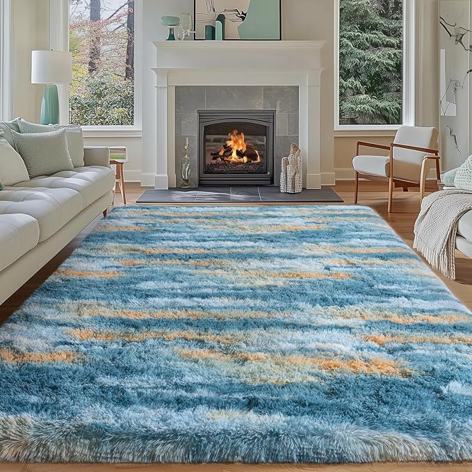 Dssimo Blue and Yellow Rugs for Living Room Bedroom, 8x10 Shaggy Area Rug | Large Plush Furry Upgrade Non-Slip Abstract Rug for Nursery Kids Room Dorm Room Home Decor, Modern Indoor Floor Carpet