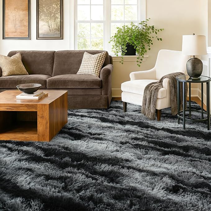 Extra Large 8x10 Area Rugs for Living Room Decor, Non-Slip Shaggy Tie-Dyed Rugs for Bedroom Kids Playroom Dorm Room, High Pile Ultra Soft Carpet, Black