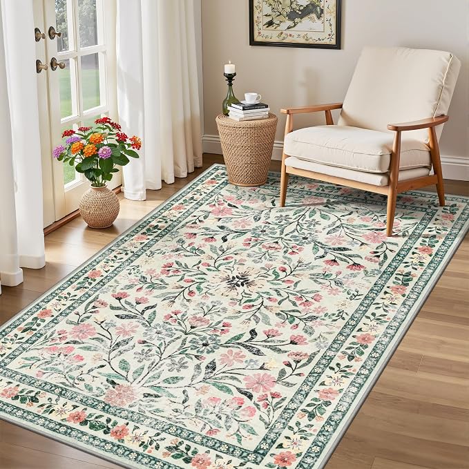 Area Rug Living Room Rugs: Floral 3x5 Washable Rug Vintage Soft Boho Non-Slip Carpet Indoor Floor Stain Resistant Large Carpets for Bedroom Dining Room Farmhouse Nursery Hallway Green/Beige