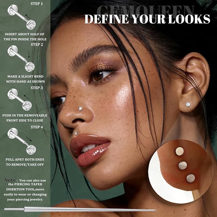 GEMQUEEN 4 Pairs 16G/18G/20G G23 Titanium Implant Grade Nose Studs Threadless Flat Back Earrings Hypoallergenic Flatback 5A CZ Cartilage Helix Tragus Conch Tiny Lip Piercing Jewelry for Women Men