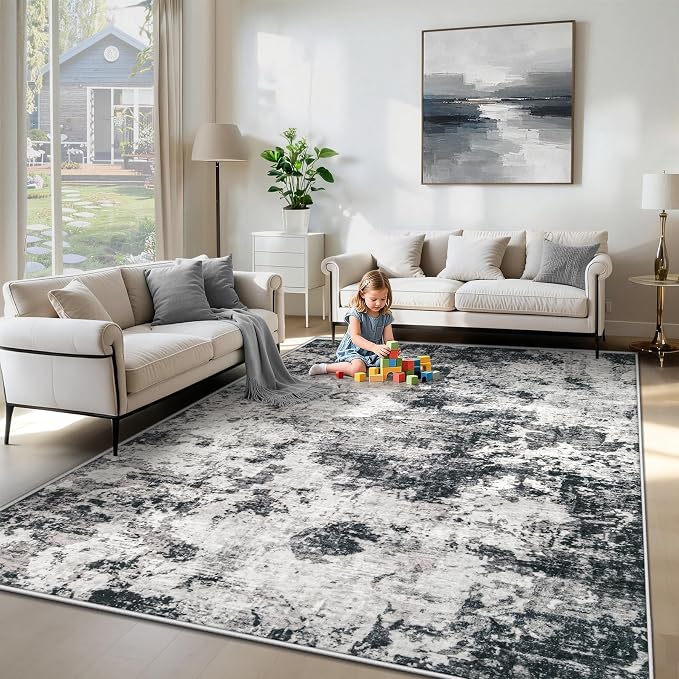 XLUEZ 6x9 Area Rugs for Living Room, Washable Modern Abstract Large Area Rug Neutral Soft Non Slip Kids Rug Stain Resistant Indoor Carpet for Bedroom Nursery Dining Room Playroom(Black, 6'x9')