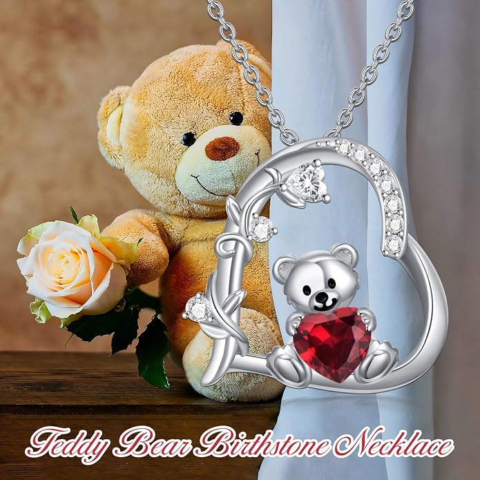PELOVNY Teddy Bear Necklace for Women 925 Sterling Silver Bear/Highland Cow/Fox/Cat/Axolotl Birthstone Necklace Christmas Birthday Jewelry Gifts for Mom Daughter Wife Sister