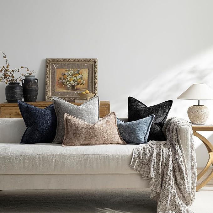 DEZENE Pack of 2 Black Decorative Throw Pillow Covers 18x18 Cozy Soft Chenille Accent Vintage Square Couch Pillow Covers for Home Decor Bed Sofa Living Room
