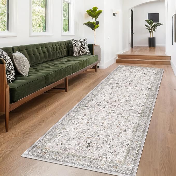 Hazo Haus Boho Washable 3x20 Extra Long Hallway Runner Rug, Neutral Light Gray & Sage Large Kitchen Floor Rug Indoor, Non-Slip Stain & Fade Resistant, Vintage Floral Décor