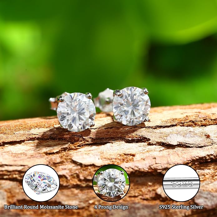 Moissanite Stud Earrings : 18K White Gold Plated Solid 925 Sterling Silver Earring Hypoallergenic Dainty Flat Back Stud Earrings Jewelry for Women Men D Color VVS1 Clarity