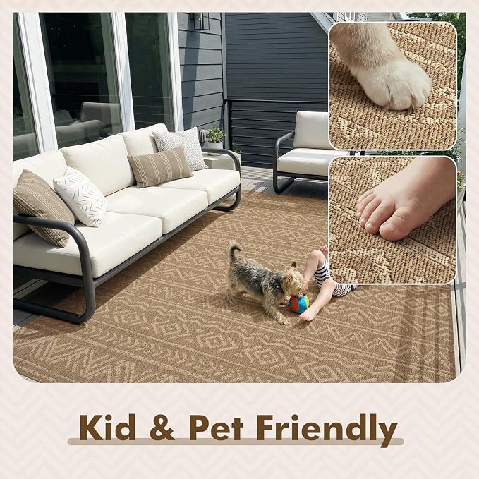 MontVoo-Outdoor Rug-Patio Rug 6x9 Polypropylene Indoor Outdoor Rugs Outdoor Carpet for Patio Deck Balcony Porch, Textured Weave, Durable for High Traffic, Fade-Resistant, Boho Farmhouse Neutral Brown