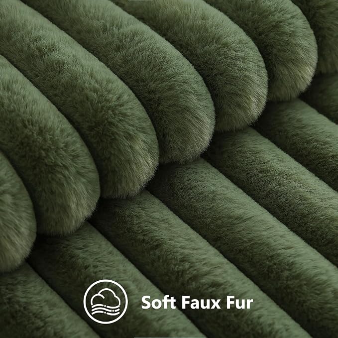 decorUhome Fall Faux Fur Throw Pillow Covers 12x20 Set of 2 Olive Green | Decorative Soft Cozy Striped Plush Modern Farmhouse Boho Couch Pillow Cases Velvet Back for Sofa Bed Living Room Home Decor