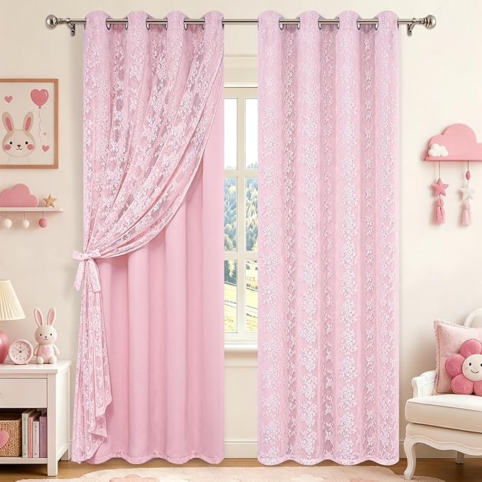 Yinhua Pink Blackout Curtains Double Layer Curtains for Bedroom 84 Inch Length Nursery Curtain for Living Room, Grommet Drapes with Tiebacks, 2 Panels, 52" W x 84" L