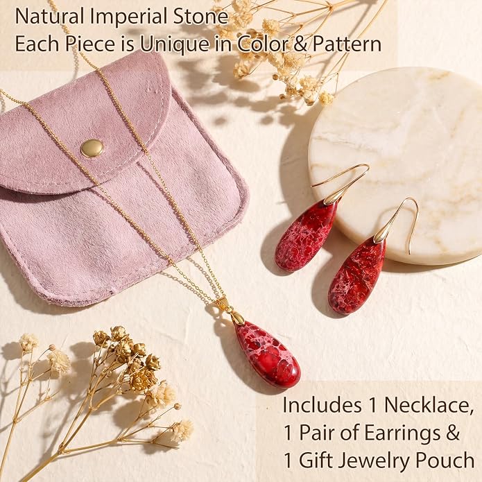 Kingdder Natural Stone Jewelry Set for Women Imperial Healing Stone Necklace Colorful Teardrop Dangle Earings Boho Jewelry