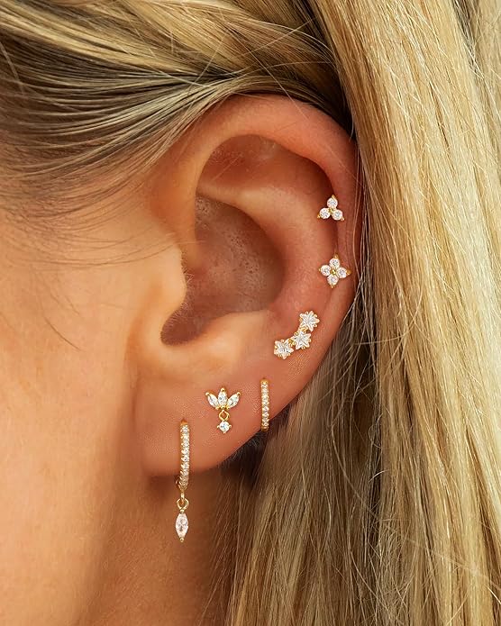 14K Gold Plated Dainty Stud Hoop Earrings for Women 6 Pairs Huggie Hypoallergenic Silver Gold Flat Back Cartilage Stud Earrings Set for Multiple Piercing Luxury Cubic Zirconia Drop Earrings Jewelry Trendy Gifts