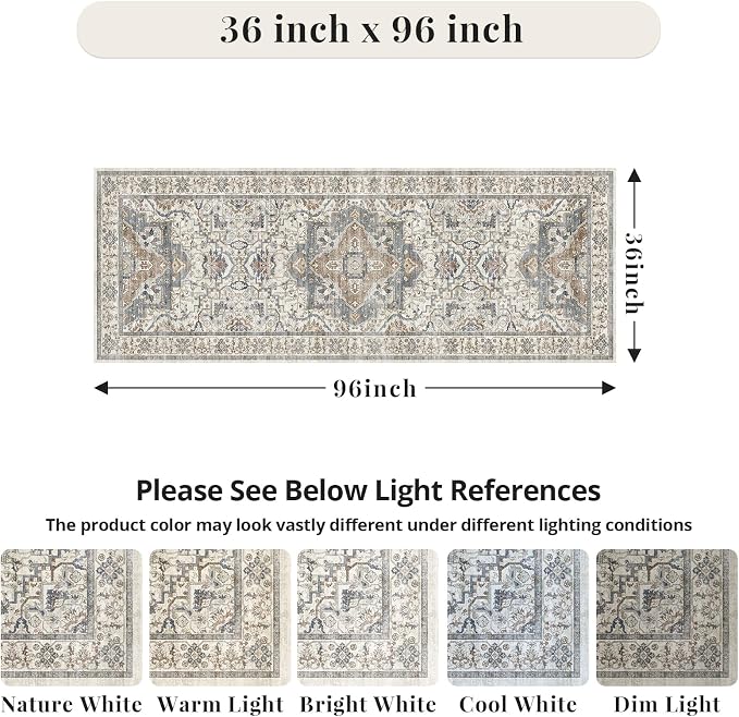 Washable Hallway Runner Rug - 3x8 Floor Carpet Rug Distressed Low Pile Mats Non Slip Soft Rugs for Dining Room with Rubber Backing Bedroom Runner with Vintage Design (Beige/Blue 3x8)
