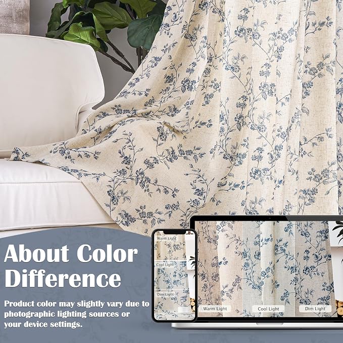Lazzzy Blue Floral Linen Curtains 84 Inch Farmhouse Back Tab Drapes for Living Room Bedroom Light Filtering Vintage Grandmillennial Rod Pocket Curtains, 2 Panels, W38 x L84, Blue on Beige