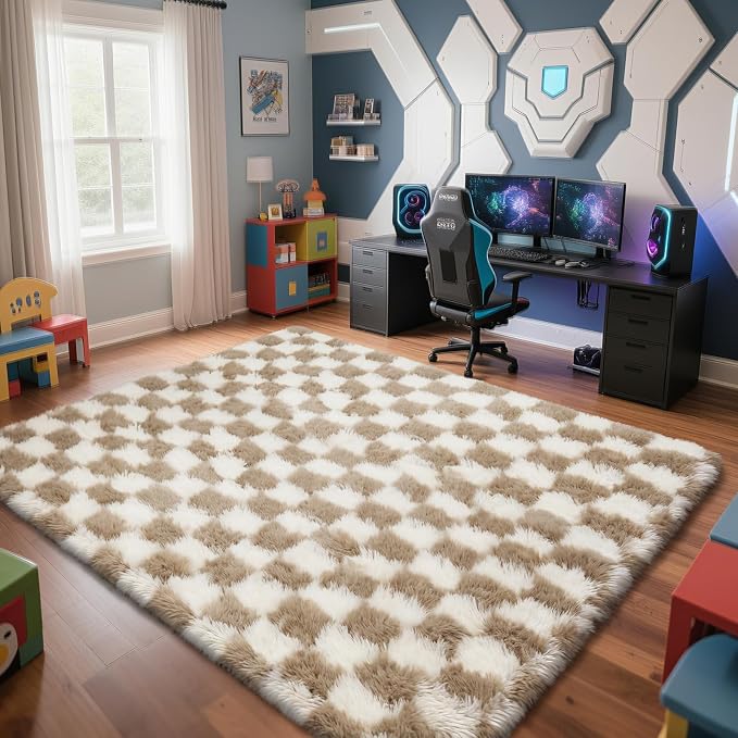 Checkered Rug for Bedroom, 5x8 Beige and White Area Rugs, Classic Checkered Carpets Shag Area Rug, Bedside Rugs for Living Room Bedroom Room Home Decor