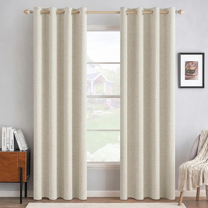 MIULEE 100% Blackout Linen Textured Curtains for Bedroom Solid Thermal Insulated Light Ivory Grommet Room Darkening Curtains & Drapes Luxury Decor for Living Room 52 x 96 Inch (2 Panels)