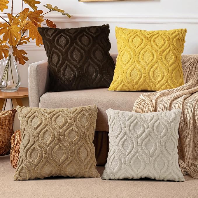 decorUhome Beige Yellow Faux Fur Soft Throw Pillow Covers 20x20 Set of 4 | Fall Neutral Decorative Plush Couch Pillow Covers, Accent Modern Farmhouse Neutral Pillow Cases for Sofa Bed Living Room