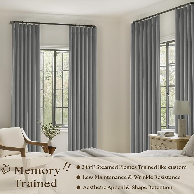 Charcoal Grey Pinch Pleated 100% Blackout Linen 96 Inch Bedroom Curtains | Double Layer Curtains, Pleat with Ring Hooks Back Tab, Black Out Room Darkening Drapes, for Living Room, 40x96 2 Panels Set
