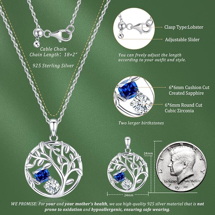 Tree of Life Birthstone Necklace for Women 925 Sterling Silver Birthstone Pendant 12 Months Necklaces with Zircon Birthday Gifts for Women, Mom, Grandma Cable Chain 18"+2"
