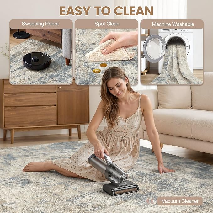 cotiled 8x10 Area Rugs Abstract Soft Non Slip Washable Living Room Rug | Stain Resistant, Robot Vacuum & Pet Friendly, Low-pile, For Living Room, Bedroom, Dining Table, Nursery Light Blue