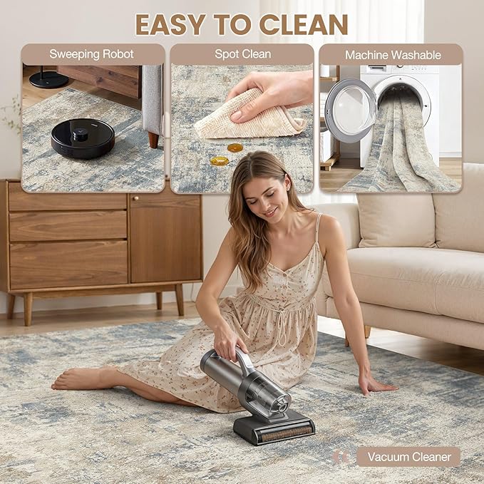 cotiled 5x8 Area Rug Abstract Soft Non Slip Washable Rugs for Living Room | Stain Resistant, Robot Vacuum & Pet Friendly, Low-pile, For Living Room, Bedroom, Dining Table, Nursery Light Blue