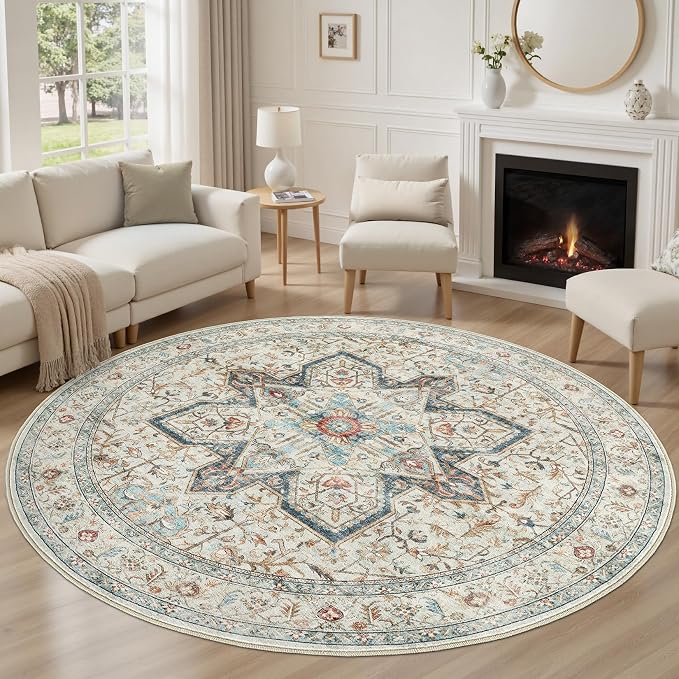 Tortania 8' Round Area Rug Living Room Rugs - Washable Boho Rug Vintage Oriental Distressed Farmhouse Large Thin Indoor Carpet for Bedroom Under Dining Table Home Office - Aqua Multi
