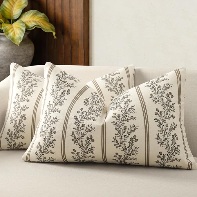 Vintage Throw Pillow Covers 12x20 Set of 2, Striped Floral Pillow Cover Botanical Patterned Decorative Cushion Covers Modern Farmhouse Home Decor for Sofa Couch Bed Living Room, Chocolate
