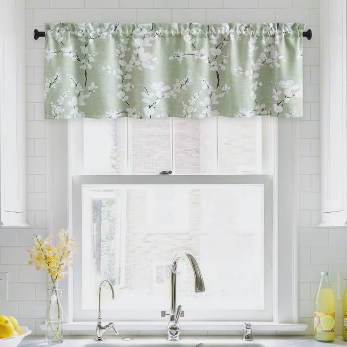 FMFUNCTEX 100% Blackout Green Floral Curtains, Rod Pocket 18 Inch 1 Panel | Black Out Drapes, Thermal Insulated, Blossom Patterned Short Panel for Kitchen Curtains, Cafe, Bathroom, Door Glass