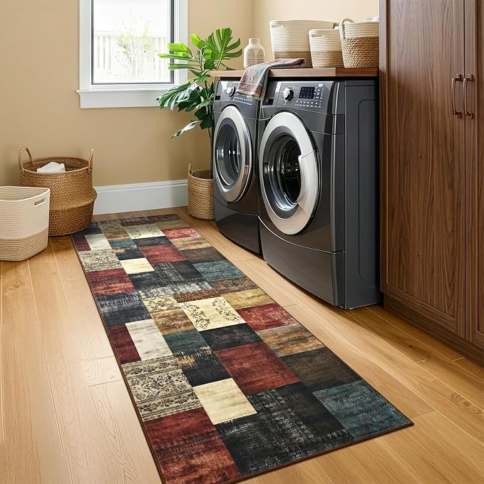 DweIke Runner Rug for for Hallways, 2'x6' Washable Kitchen Rugs with Non Slip Rubber Backing, Soft Low Pile Non-Shedding Geometric Carpet for Laundry Bedroom Bathroom, Colorful