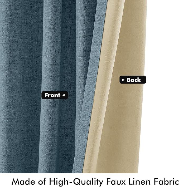 MIULEE 100% Blackout Linen Curtains 42 x 108 Inch Stone Blue 2 Panel | Thermal Insulated, Room Darkening Drapes for Bedroom Living Room, Back Tab Rod Pocket Pinch Pleated, Solid Luxury Decor