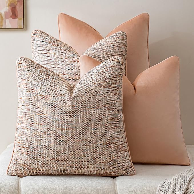 a moment Light Pink 4 Pack Throw Pillow Covers - Chenille & Velvet Set with Piping, Farmhouse Textured Design Pillow Cases for Couch Sofa Bed Livingroom (22x22 Inch, No Insert)