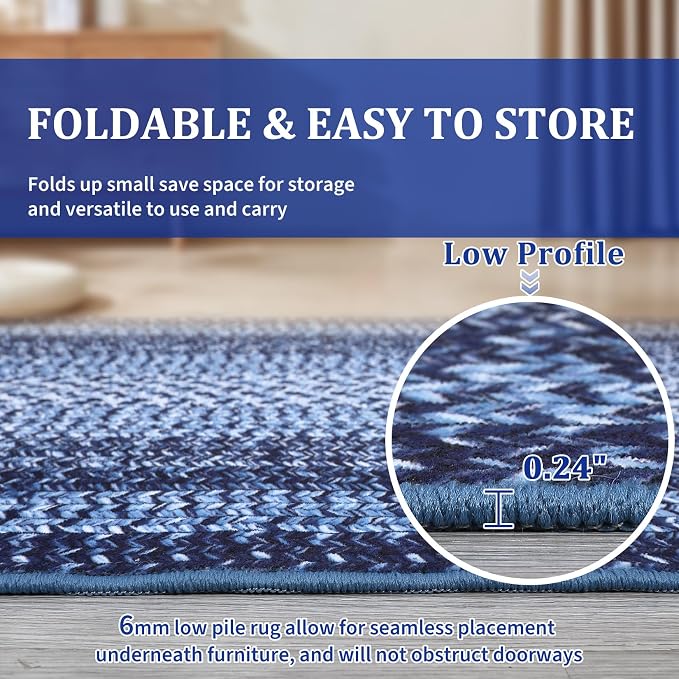 RUGSREAL Large Bedroom Rug 6x9 Machine Washable Rug Throw Floor Cover Farmhouse Rustic Dining Room Carpet Geometric Bordered Braided Carpet for Living Room Home Office, Navy