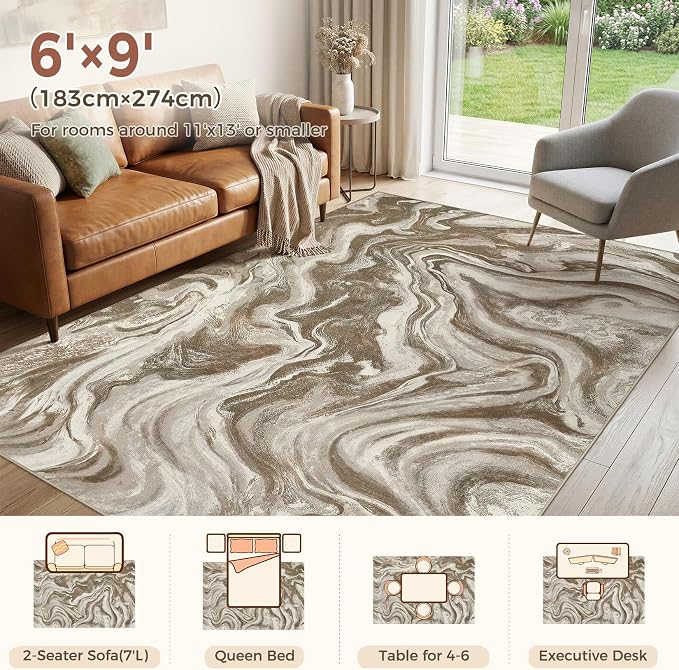 DMOYEST Living Room Area Rugs-6x9 Abstract Large Soft Indoor Washable Rug Neutral Modern Low Pile Carpet for Bedroom Dining Room Farmhouse Home Office-Sand Brown