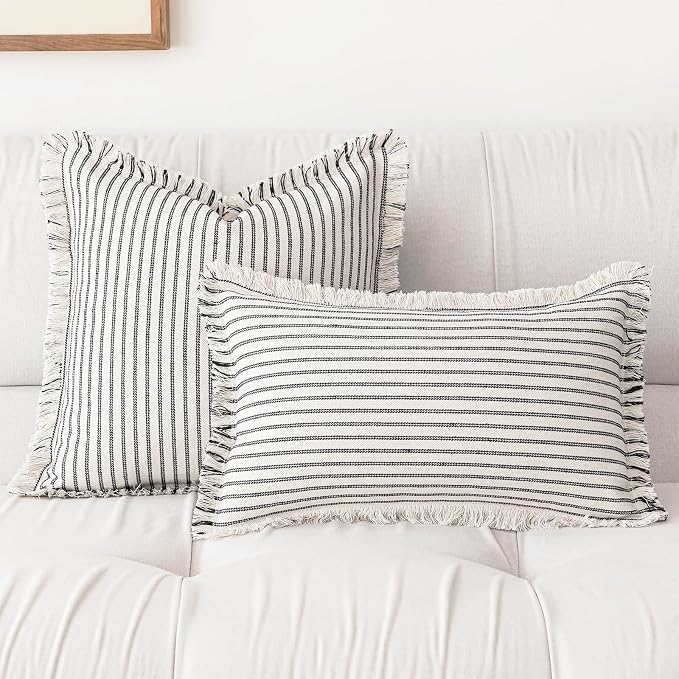 YEENAASY Throw Pillow Covers 18x18 Set of 2 Striped Fringe Pillow Cover Farmhouse Cushion Covers with Tassel Neutral Boho Pillows Decorative Square Pillowcase for Couch Sofa Bed, Black