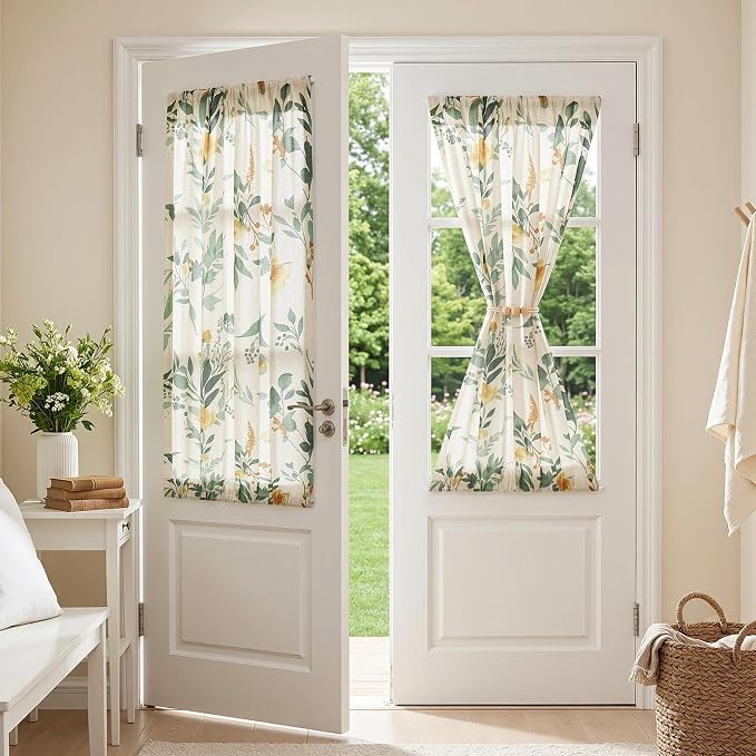 MYSKY HOME Floral Linen Door Curtains Green Farmhouse Privacy Door Window Curtains Semi Sheer Doorway Light Filtering Rod Pocket Curtain Patio Glass Door, 26 x 40 inches Long, 2 Panels